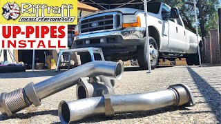 2001 F350 73  RiffRaff UpPipes Install  Stock up pipes leaking and falling apart JUNK SP [upl. by Gascony]